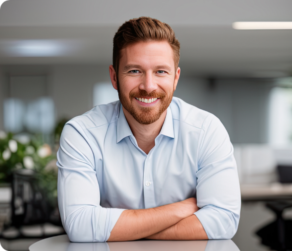 A bearded man in a blue shirt sitting at a table