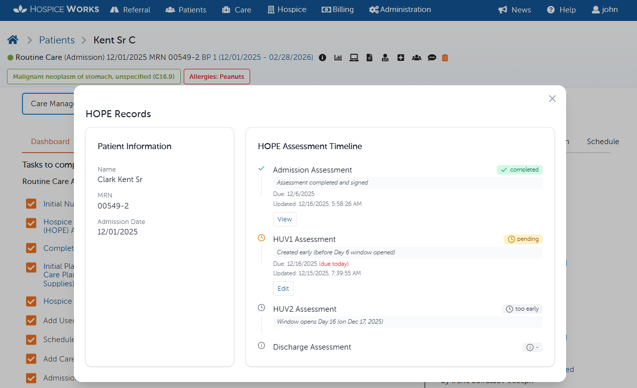 Screenshot of the HospiceWorks HOPE Records dashboard showing a patient’s assessment timeline, including completed Admission, pending HUV1, and upcoming HUV2 assessments.