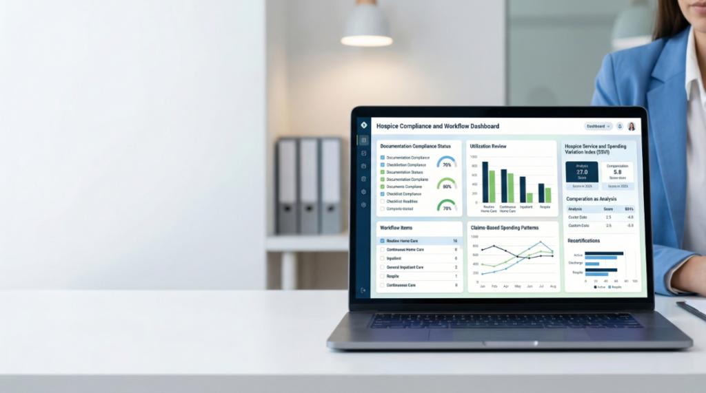 Laptop displaying a hospice compliance and workflow dashboard with documentation status, utilization review, and spending trend analytics on a desk in a modern office setting, with space on the left for article title text.