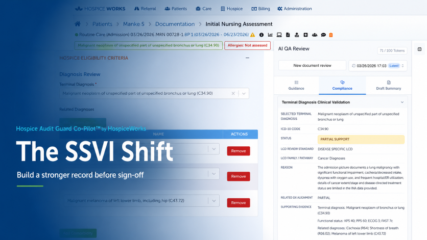 HospiceWorks Initial Nursing Assessment showing Hospice Audit Guard Co-Pilot compliance review and partial support alert.