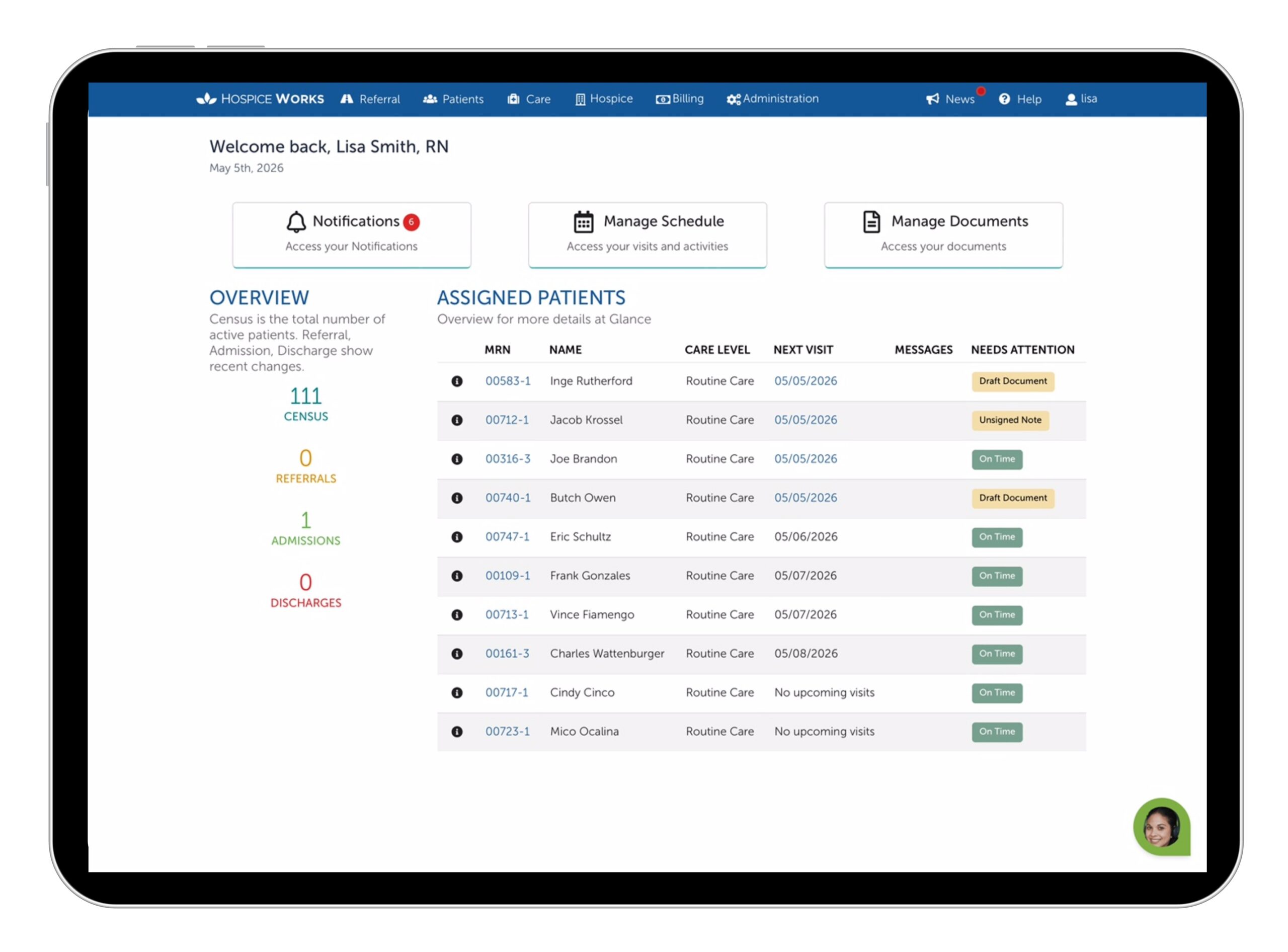 HospiceWorks EMR home screen dashboard showing clinician notifications, schedule management, document management, assigned patients, and patient status alerts on a tablet.
